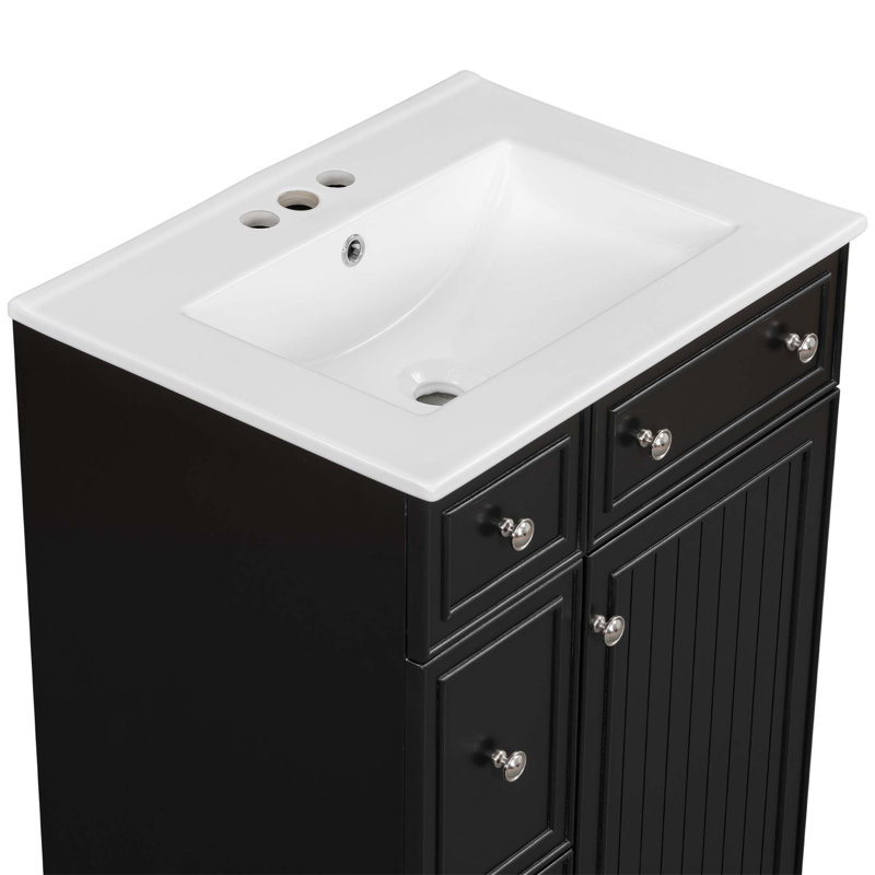 Armoire de salle de bain avec lavabo en céramique, 2 tiroirs, 1 porte, Noir, noir, noir, noir