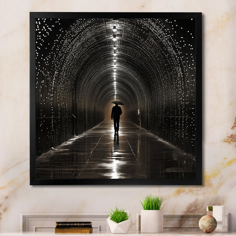 «Black Grey Tunnel Timeless Passage Pointillism II», reproduction sur toile, 36" H x 36" W, Black Picture Framed