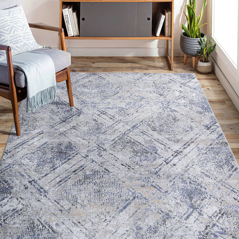 Tapis géométrique tissé et tissé 5 x 7 bleu / gris, sans perte de teinture, pour le bureau à domicile