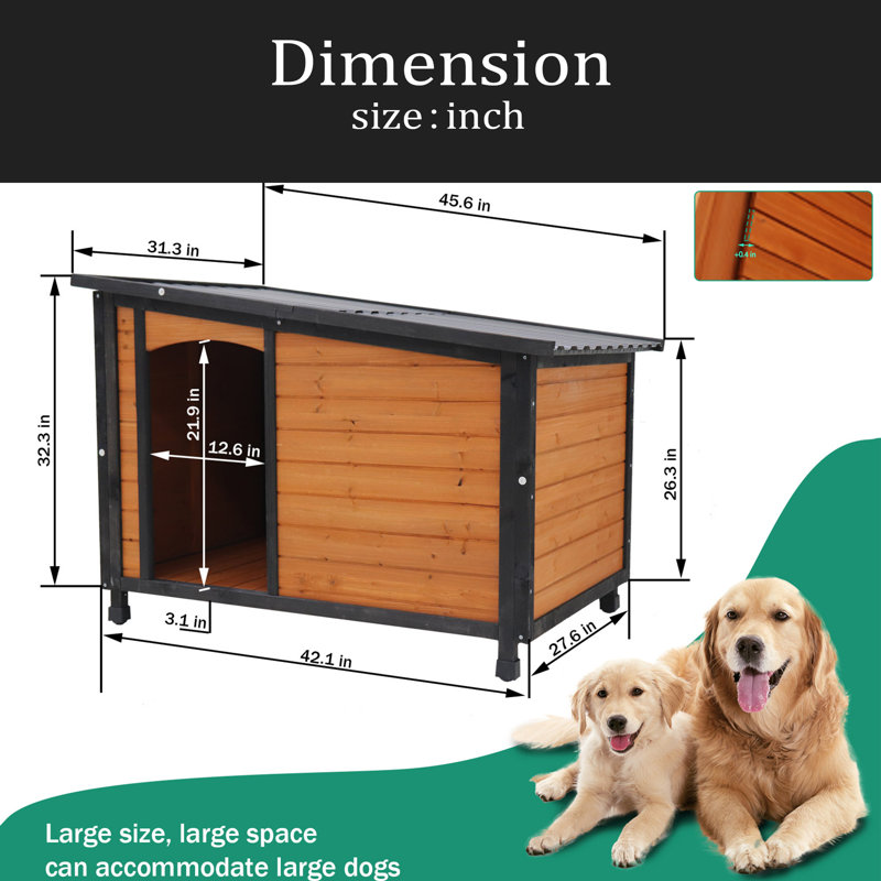 46"Dog House Outdoor & Indoor Wooden Dog Kennel For Winter With Raised Feet Weatherproof For Large Dogs