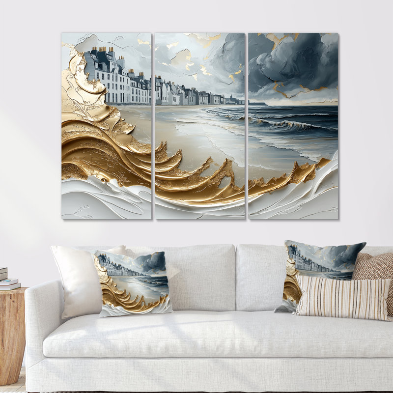 Ensemble de décorations murales bleues et dorées sur la plage d'Aberdeen en Écosse I, Métal métal, H 28 po x l 36 po x P 1 po