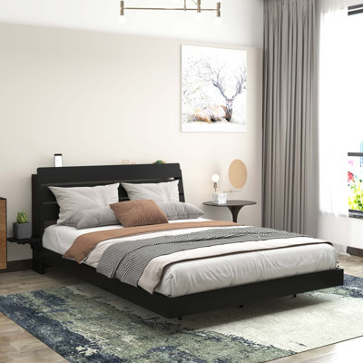 Floating Bed Frame Queen with Led Lights and Charging Station, Wood Queen Size Bed Frame with Storage Headboard, No Box Spring Needed, Easy Assembly