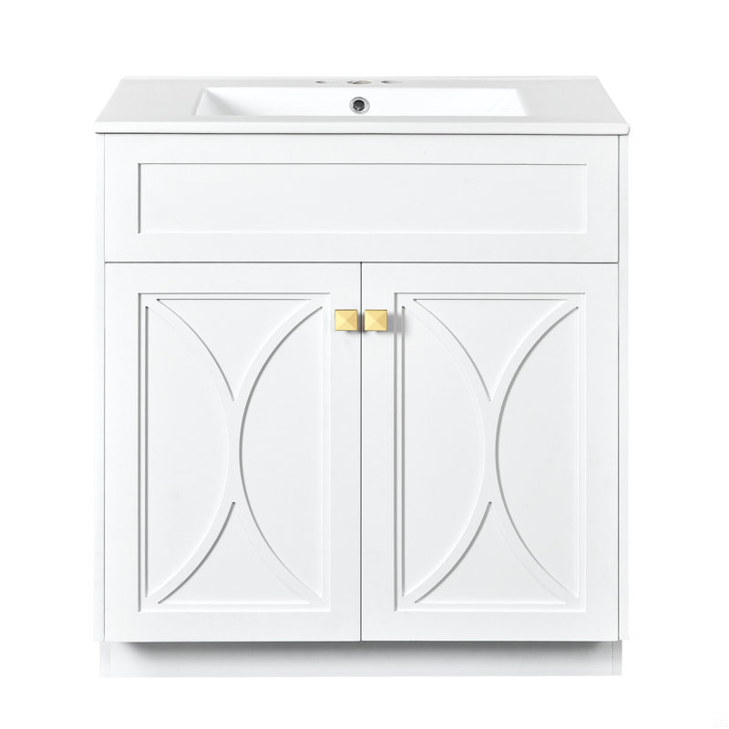 30'' Bathroom Vanity With Ceramic Sink Combo, Gold Handles, Soft Closing Doors, White