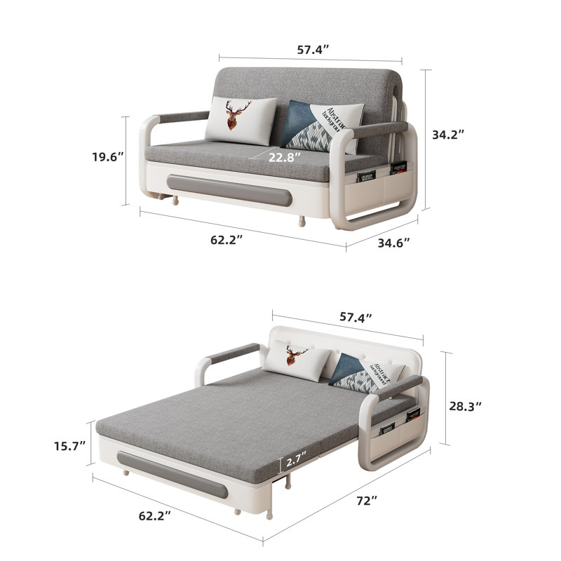 Hageo 62.2" Modern Convertible Sleeper Loveseat, Pull-Out Sofa Bed with Side Pockets and Pillows for Small Spaces, Grey/White