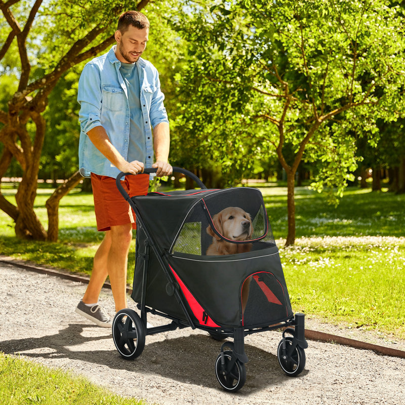 Poussette pour chien pliable en 1 clic avec rangement pour chien, Noir / Rouge