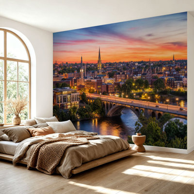 Papier peint auto-adhésif Georgetown Skyline Lake Building Bay Water Night Bridge Décoration murale amovible en papier contact pour salon