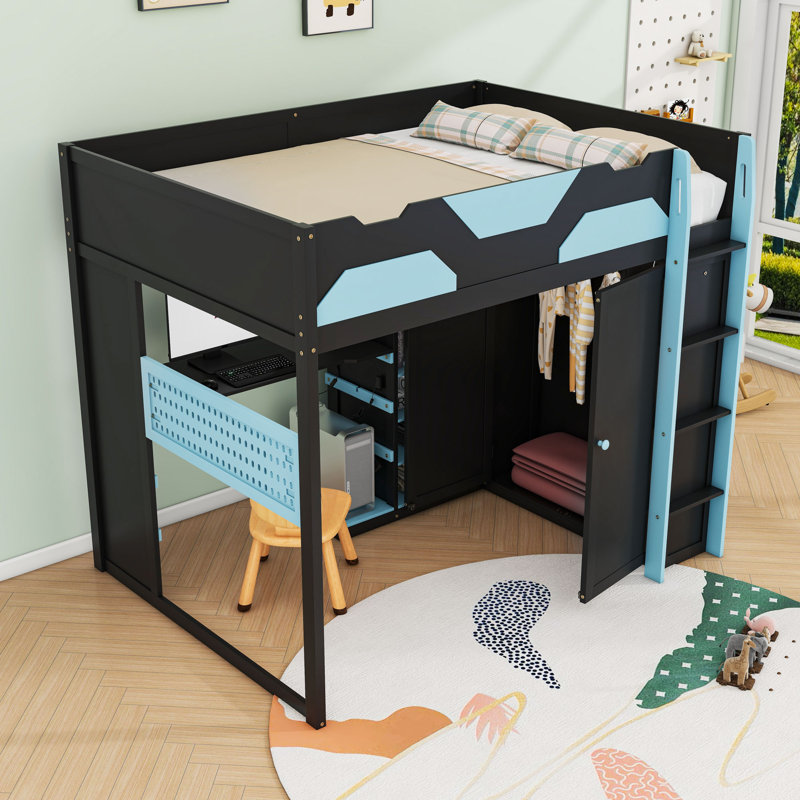 Wood Loft Bed with Desk, Shelves,USB and RGB Light, Cloud Blue