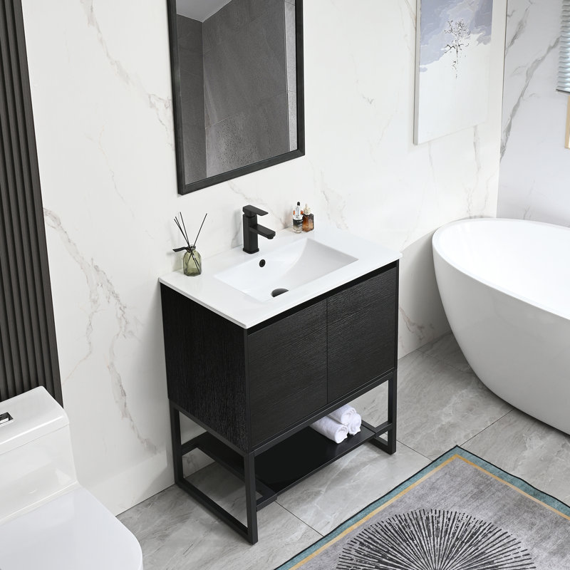 Azai 30'' Modern Single Bathroom Vanity Set with Sink Top, Faucet, Open Shelf, Metal Frame, Black