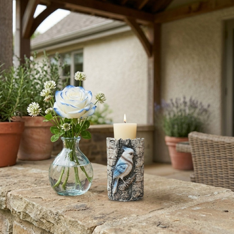 Porte-bougie en résine avec geai bleu et écorce de bouleau