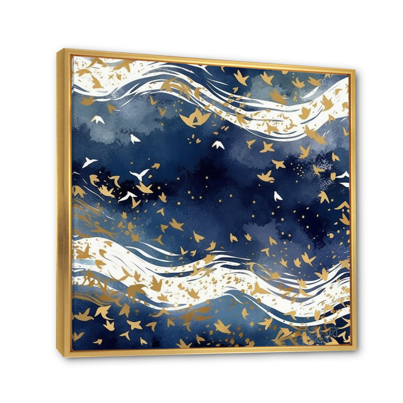 Bleu foncé et or abstrait VI, Cadre flottant doré, H 30 po x l 30 po x P 1 po