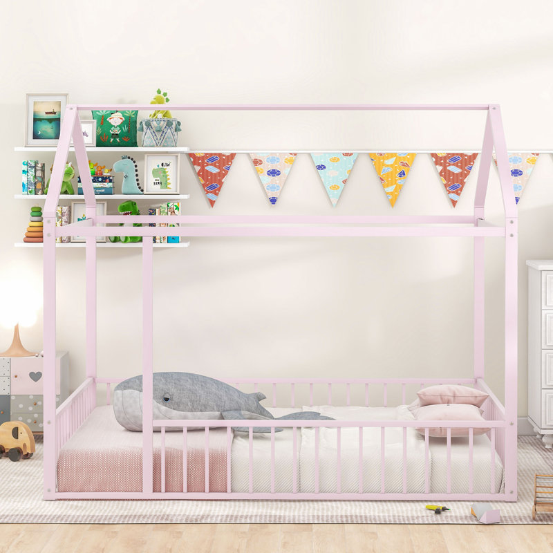 Schererville Metal House Style Floor Bed with Canopy and Guardrails, Full, Pink