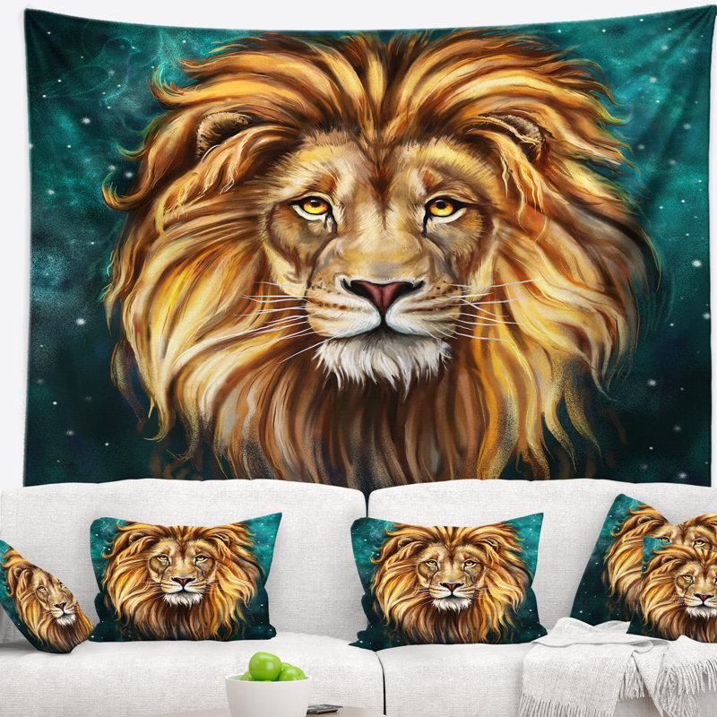 Tête de lion en tapisserie bleue Animal, H 50 po x l 60 po