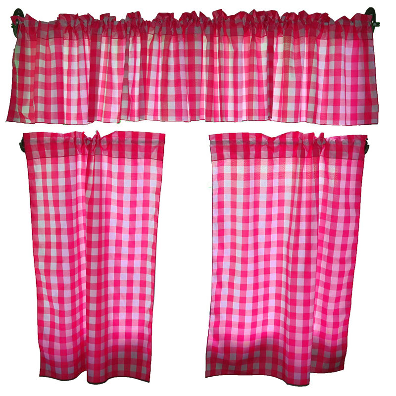 Ensemble de cantonnière en coton vichy 3 pièces, Fuchsia