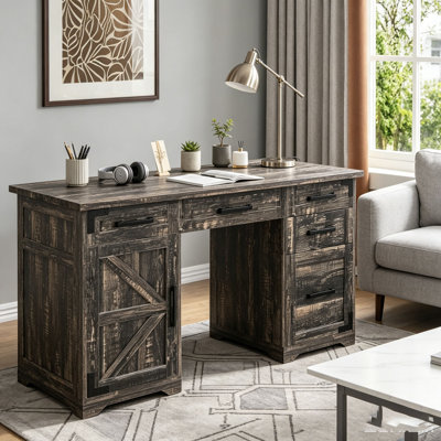 55" Farmhouse Executive Desk with Charging Station & Power Outlet