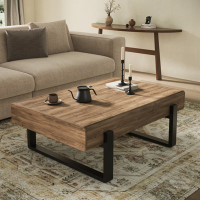 46" W x 24" D Rustic Oak Rectangular Coffee Table with Sled Steel Legs, 2 Storage Drawers & Wood Finish – Modern Industrial & Rustic Farmhouse Living