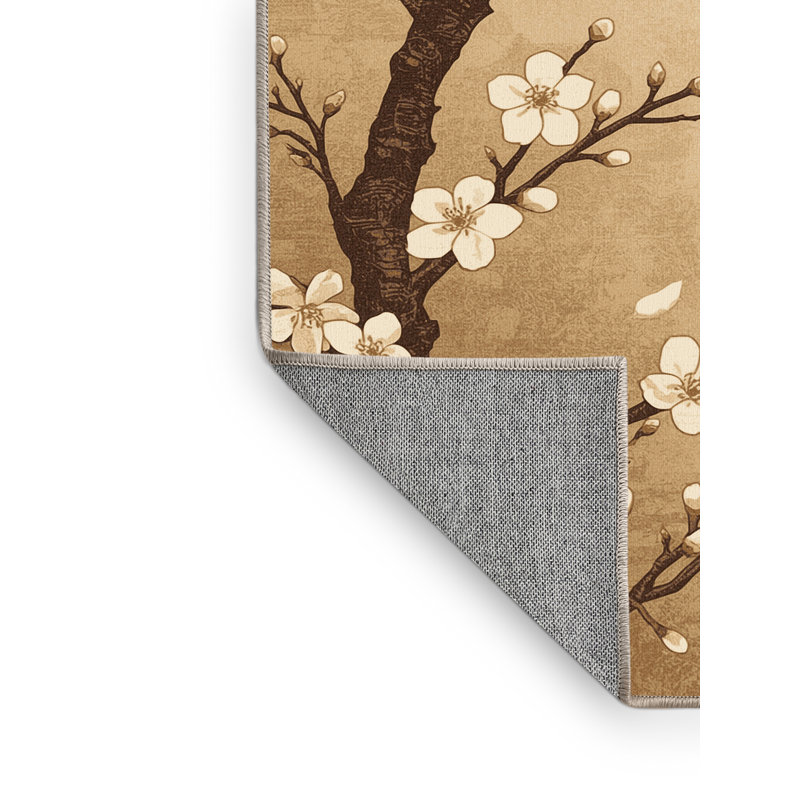 Machine Washable Parrilla Cherry Blossom Traditional Floral Rug in Beige – Beige Binding, 8' Round