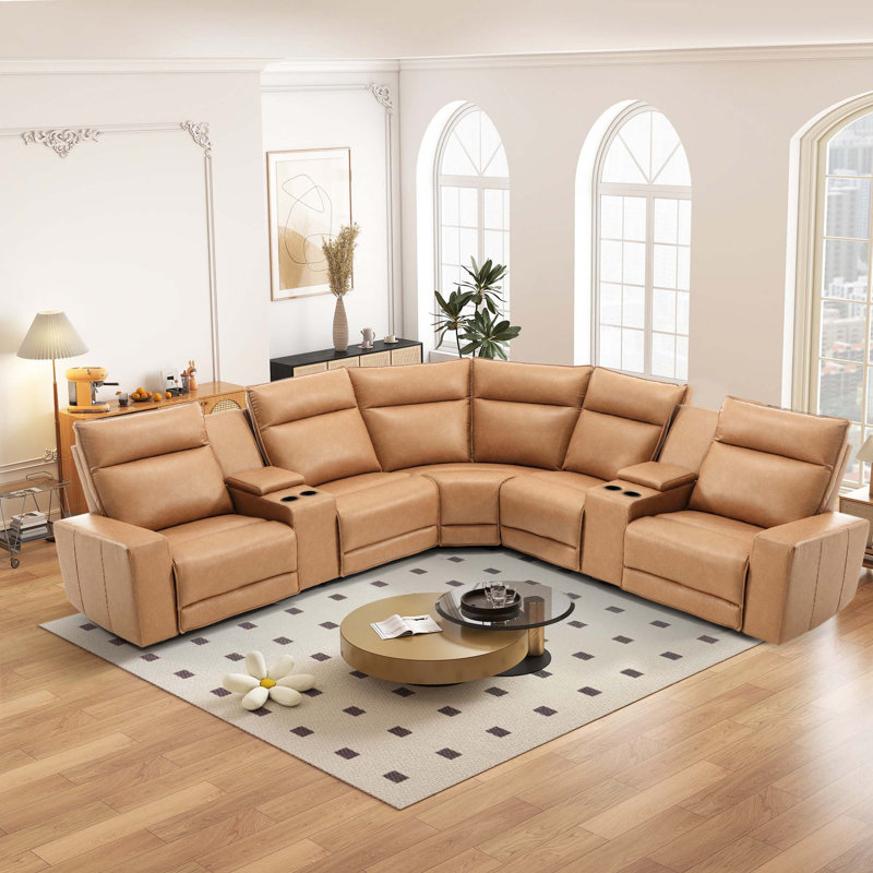 7 - Piece Modern Premium Faux Leather Cushion Back Power Reclining Sectional Sofa With Console & USB & Cup Holders