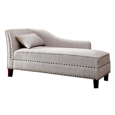 1pc Beige Linen Blend Chaise In Contemporary Style With Nailhead Accents And Included Pillow, Dark Cherry Finish, Living Room Decorative Bench Modern Trim Rubberwood Frame, Transitional Design For
