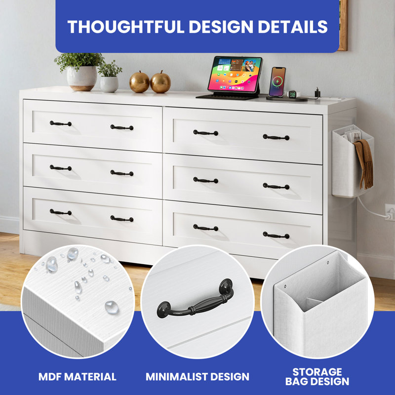 Multi-Functional 6 - Drawer Dresser with Power Outlets & Spacious Storage, White