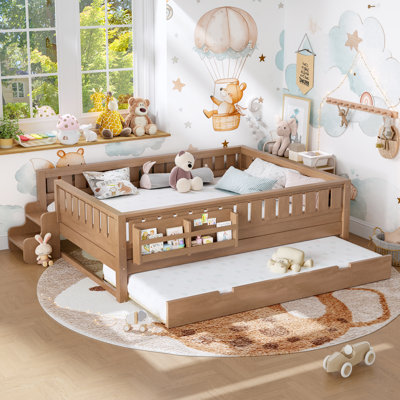 Queen Bed with Built-In Bookshelves, Small Staircase, Safety Rails & Trundle – Kids’ Multifunctional Bed,Natural
