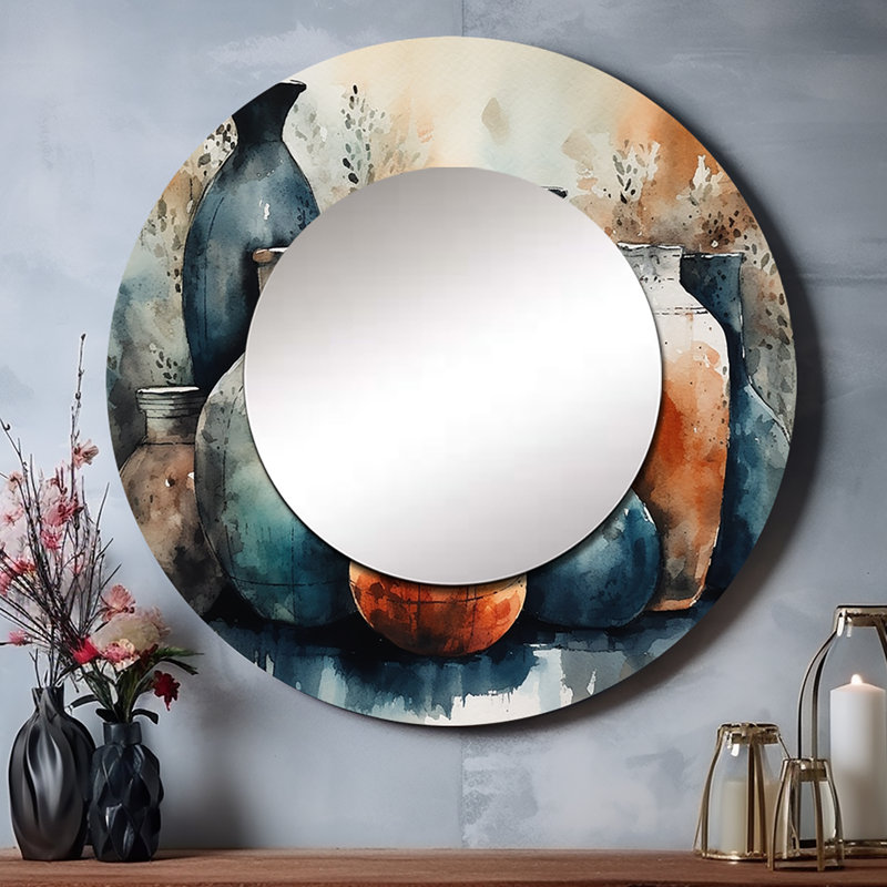 Raheema bleu et orange artisanal Boho Pottery II - miroir de poterie Boho, miroir mural rond bleu unique, impression sur métal