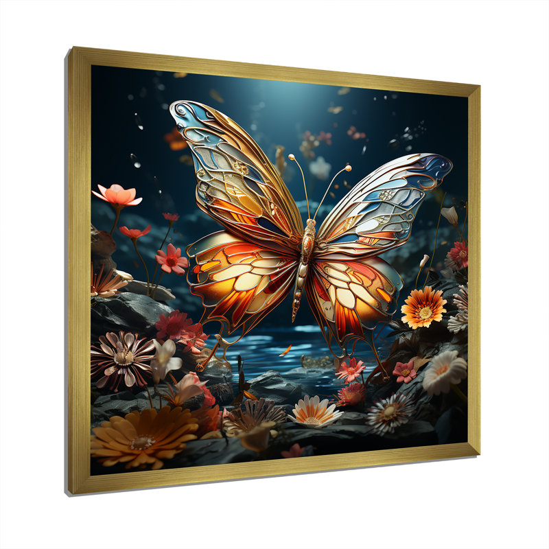 Envol de papillon sur toile, H 16 po x l 16 po x P 1 po, Cadre doré simple