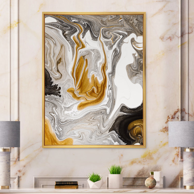 Vague de marbre doré et noir V - peinture sur toile, Cadre flottant doré, H 20 po x l 12 po x P 1 po