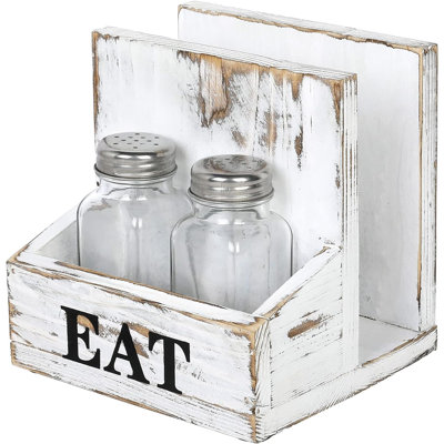 Napkin Holder For Table, Wood Napkin Holder With Salt And Pepper Shakers Set, Condiment Caddy With Bold Black Printed EAT Design, Standing Paper Napkin Storage For Kitchen Dining Table Decor