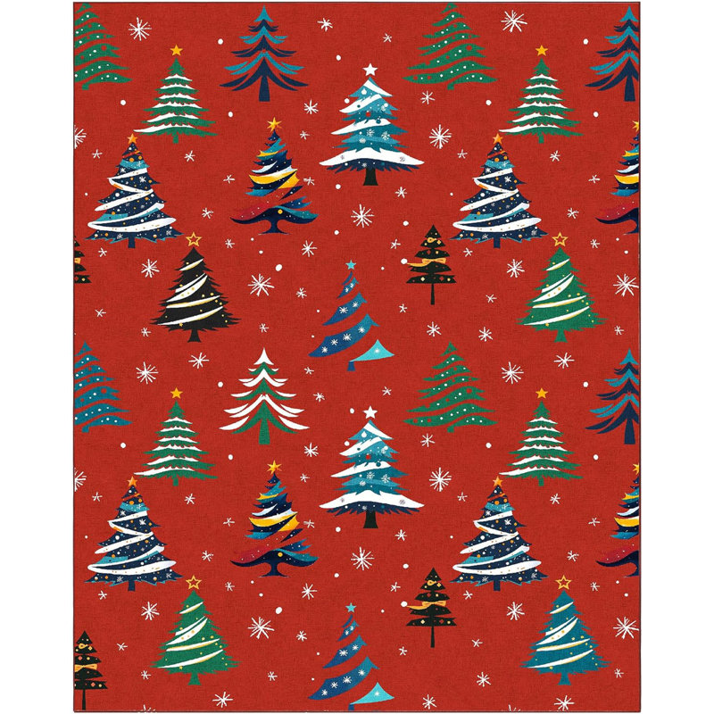 Christmas Rugs with Xmas Tree Pattern for Holiday Decor, Non Slip Low Pile Washable Rug for Kitchen, Entryway, Living Room, Bedroom