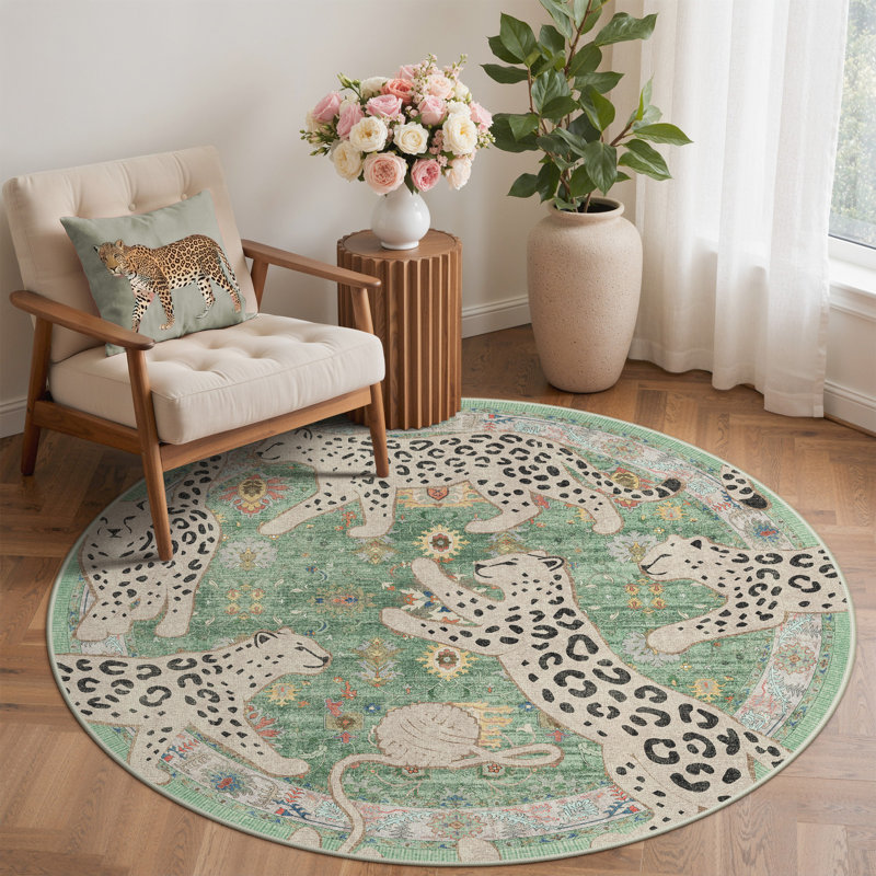 Tapis vert à imprimé léopard Allandale lavable à la machine avec envers antidérapant, Sage Green, Rond 5 pi