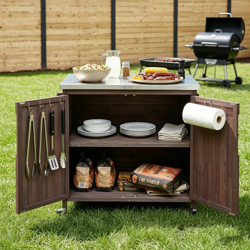 Îlot de cuisine extérieur en acier inoxydable avec tablette latérale et tablette réglable, Brun