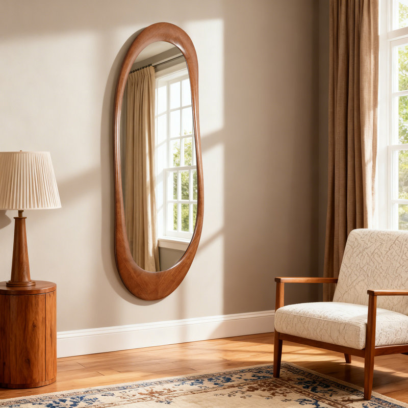 Asymmetrical Full-Length Wall Mirror with Wood Frame, Walnut
