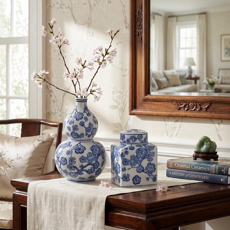 Cherry Blossom Chinoiserie Ceramic Vase & Lidded Jar Set of 2 - Decorative Floral Tabletop Accent for Living Room, Console, or Dining Decor - Blue & White
