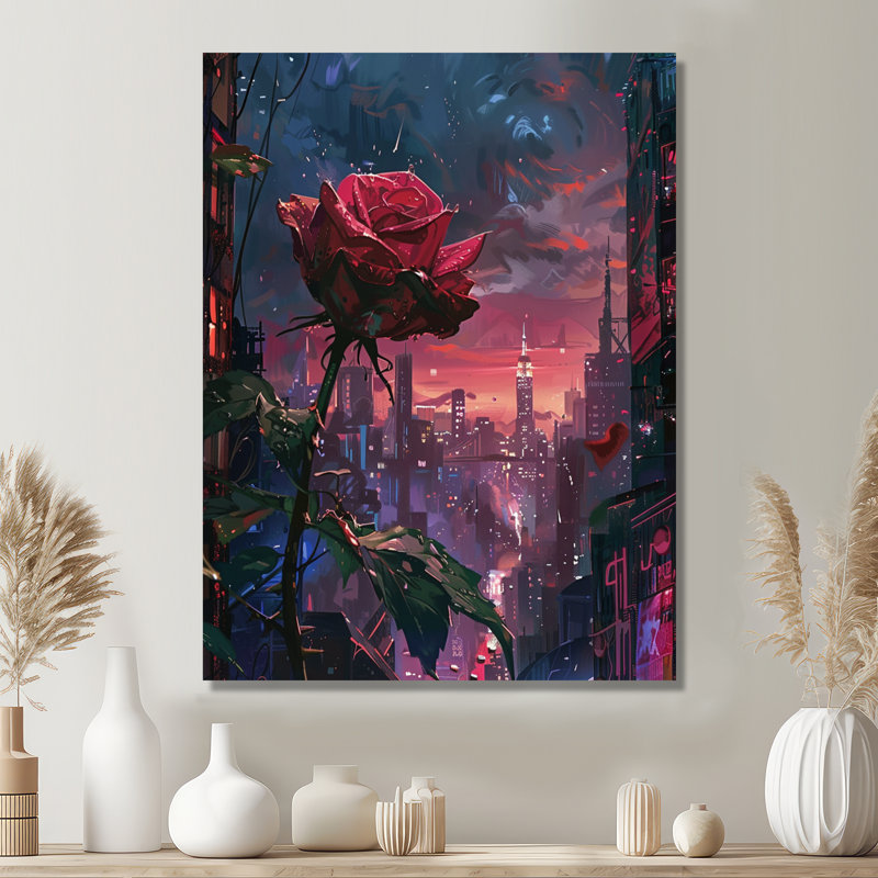 Rose rouge, coucher de soleil urbain II, art mural salon rose, Toile tendue, H 20 po x l 12 po x P 1 po