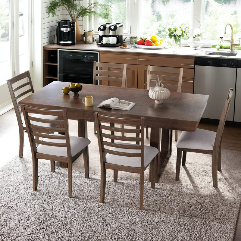 7-Piece Farmhouse Extendable Dining Table Set, 78" Rustic Wooden Table with 6 Upholstered Chairs, Gray/Brown, Brown