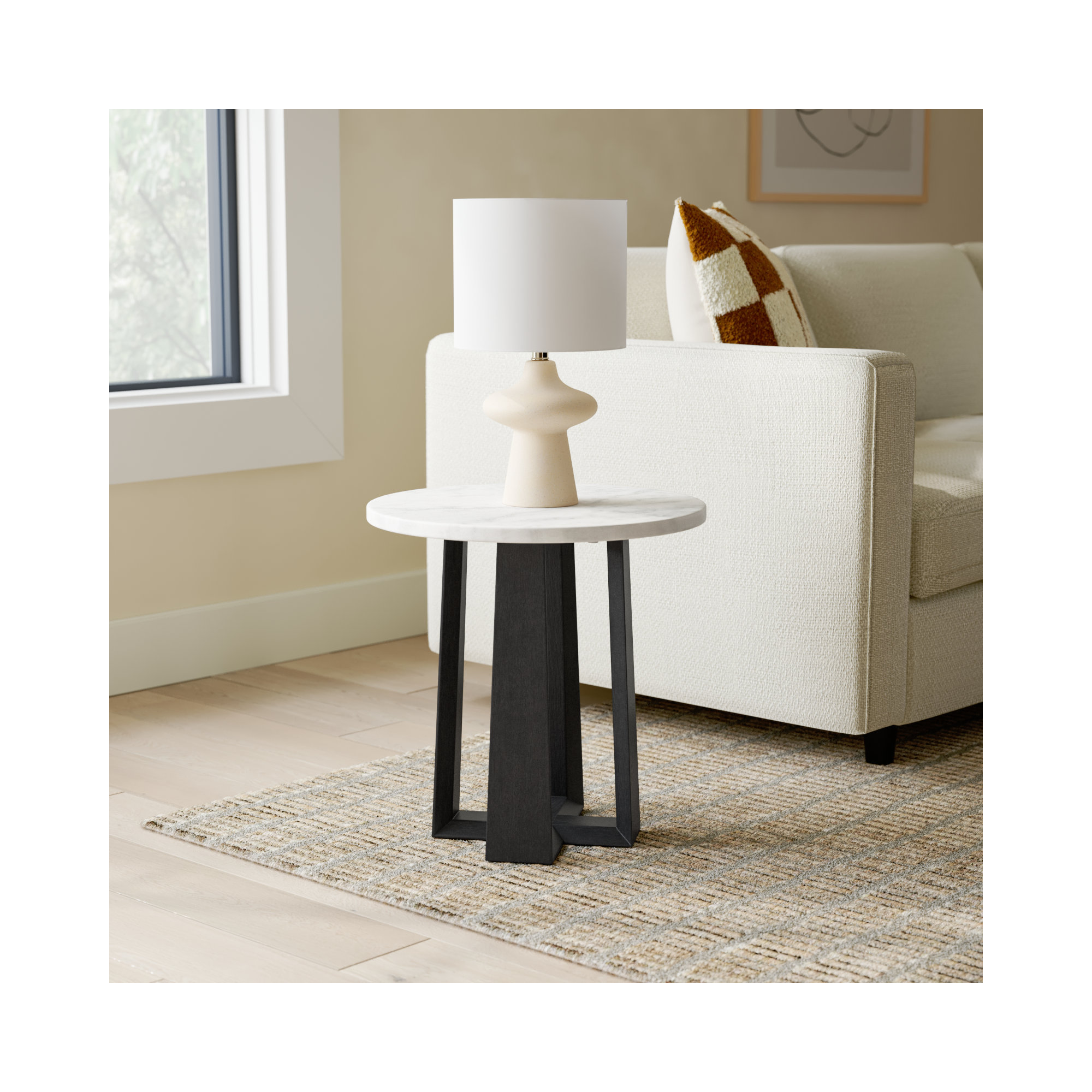 Baudelaire End Table, White Gray Marble, Black