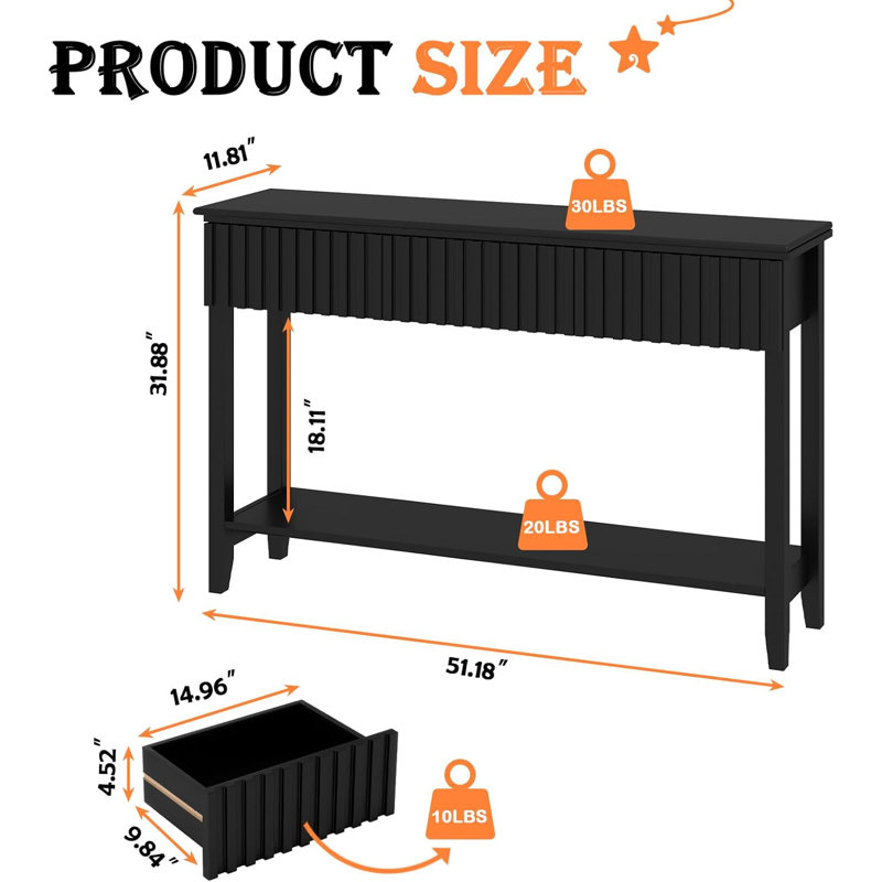 51.18" Console Table With 3 Drawers And Open Storage Shelf, Black