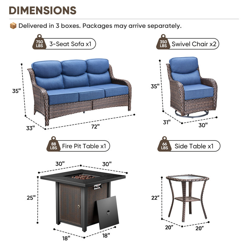 Polygala 5-Piece All-Weather Outdoor Wicker Patio Square Metal Fire Pit Table Conversation Set With Swivel Gliders And Side Table