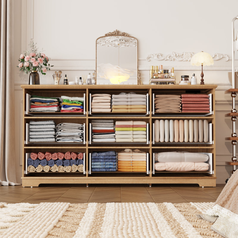 63 Inch Fluted Wide Dresser with 9 Wooden Drawers & Built-In Power Outlet, Modern Bedroom Chest of Drawers, Upgraded Storage Dresser for Closet & Living Room