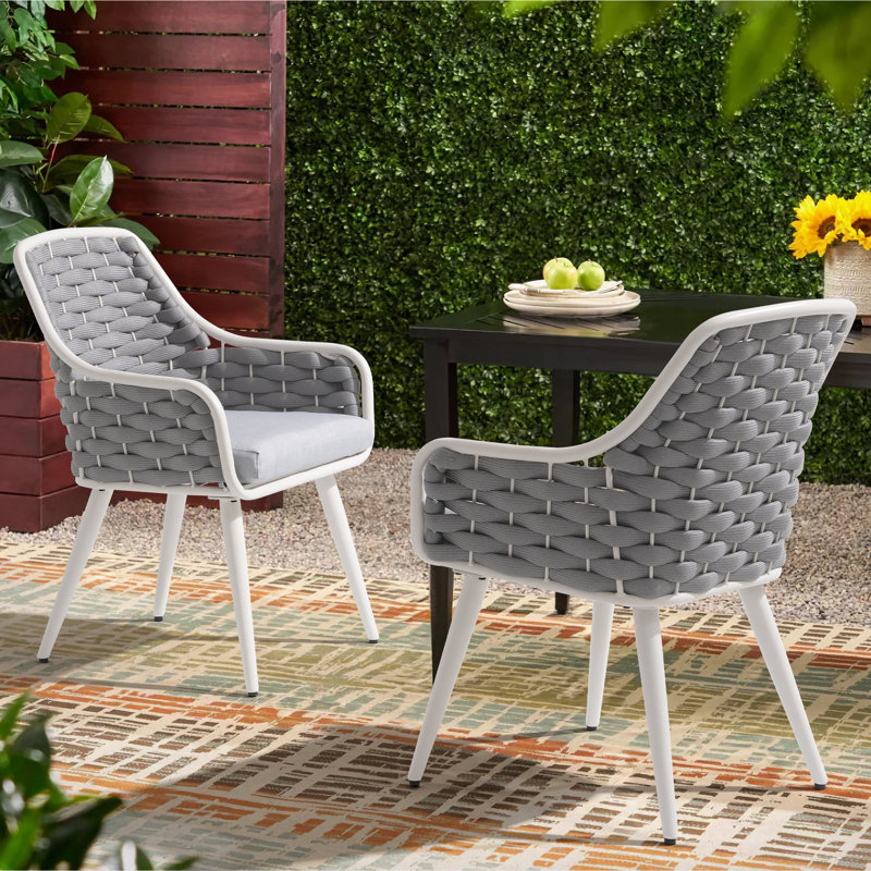 Outdoor Dining Armchair With Cushion, Gray/White