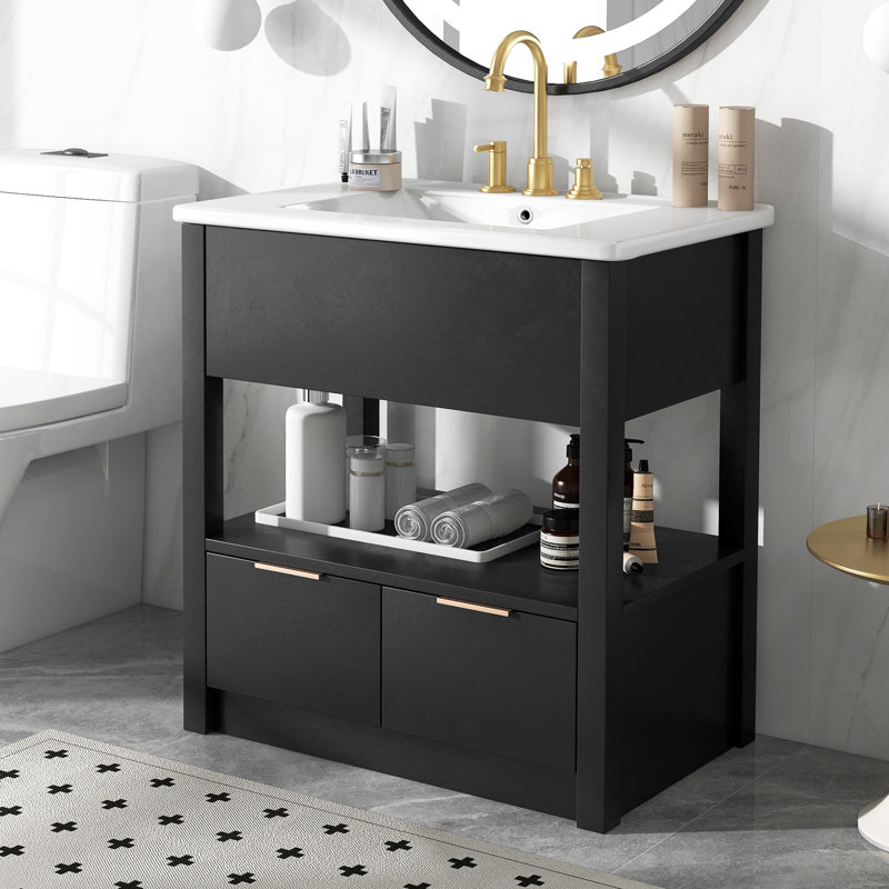 Rangement pour meuble-lavabo 30 pouces avec lavabo, 2 tiroirs et tablette ouverte noir
