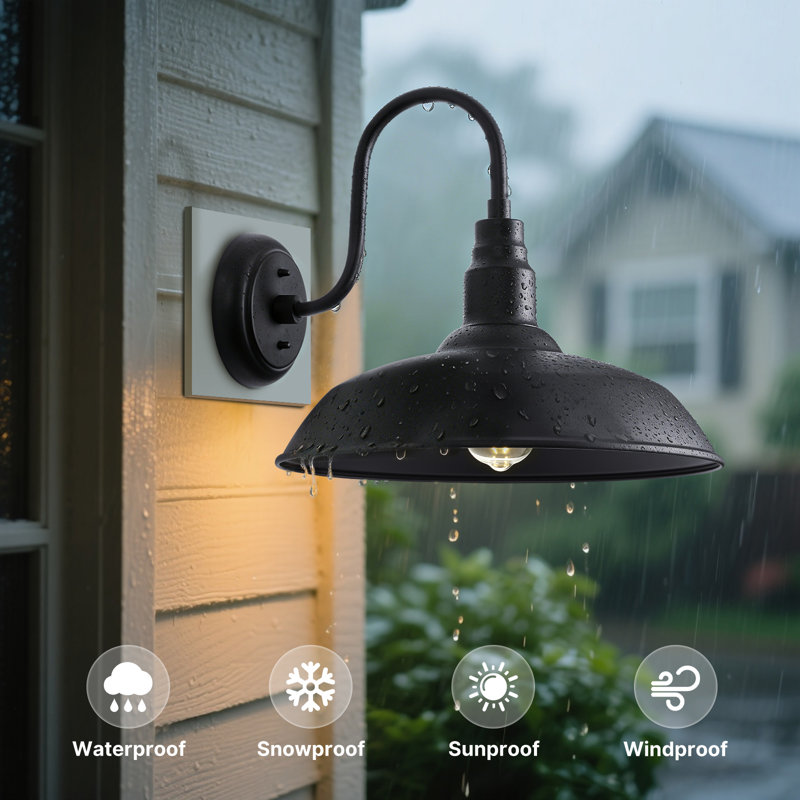 Gooseneck Light Fixture for Barn, Large Black Outdoor Farmhouse Light with Goose Neck Arm for Porch, 1 Light
