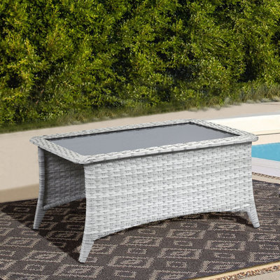 Table basse d'extérieur avec plateau en verre trempé, table de patio en osier, idéale pour le jardin, la terrasse et la cour