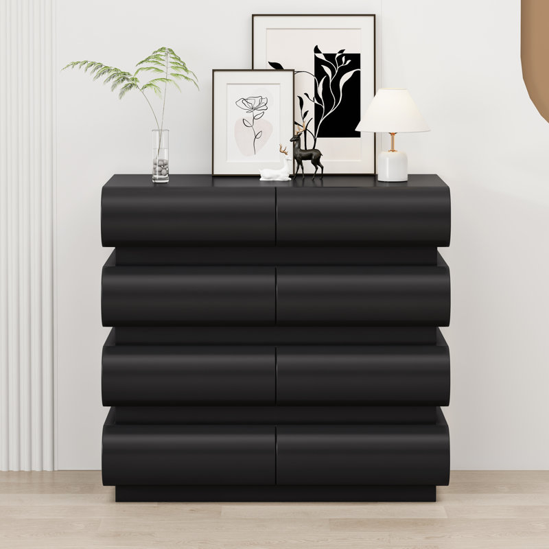 Commode noire moderne à 8 tiroirs pour chambre à coucher avec rangement large, sans poignée, Noir