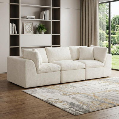 108" Beige Chenille Modular Sofa With Toss Pillows