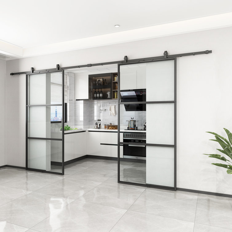 JUBEST Metal and Clear Glass Double Sliding Barn Door with Installation Hardware Kit, 2 Sets of Door