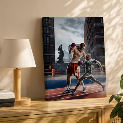 Canvas Create A Dynamic And Vibrant Illustration Featuring A Muscular Boxer Wall Art In Red And White Striped Shorts Holding Boxing Canvas Wall Art