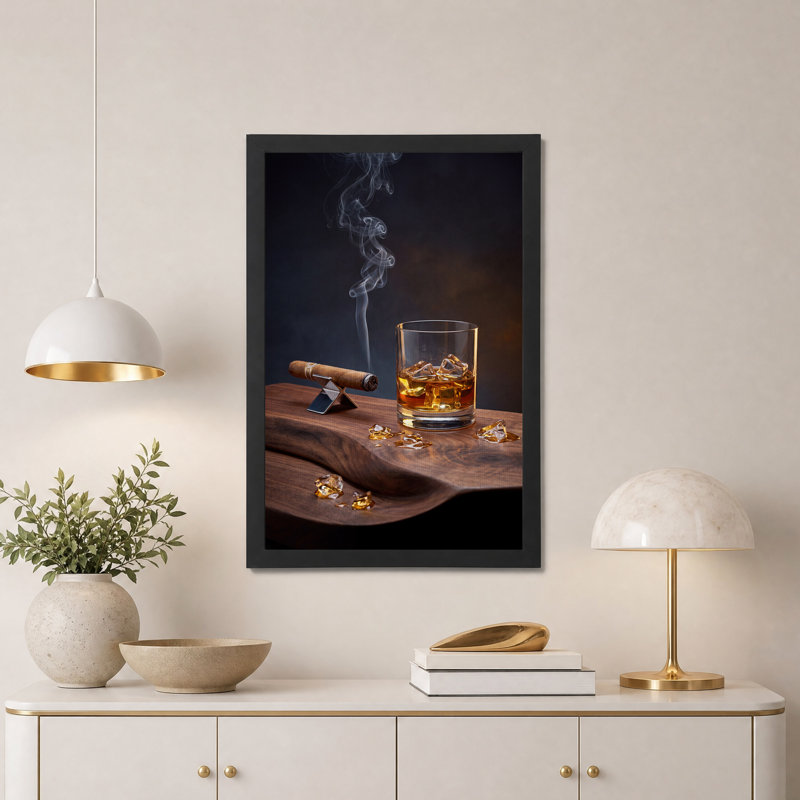 Whisky avec glace et cigare sur toile, art mural, 18"H x 12"W