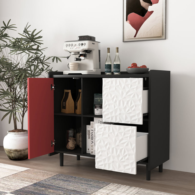 Buffet Buffet, armoire de rangement noire avec portes rouges, 2 tiroirs avec panneau unique et 2 compartiments de rangement ouverts, armoire de bar moderne pour la cuisine, la salle à manger,