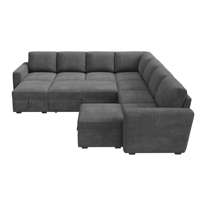 Caren Upholstered Sleeper Sectional Modular Sofa Bed With Ottoman, Gray Corduroy